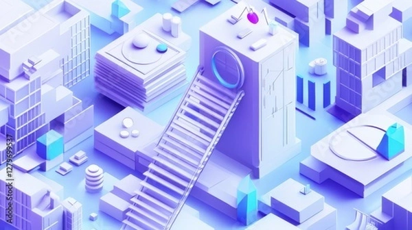 Fototapeta Abstract cityscape with stairs leading to a futuristic building surrounded by geometric shapes