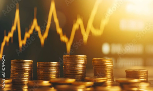 Fototapeta Financial growth and investment strategies depicted through ascending coin stacks against a dynamic stock market graph indicating positive economic trends