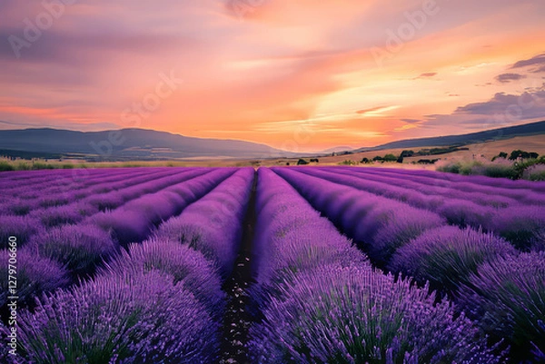 Fototapeta A rolling lavender field in full bloom, with purple flowers stretching endlessly under a pink and orange sunset sky.