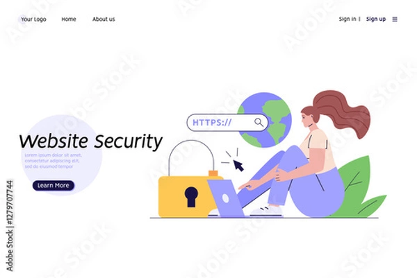 Fototapeta Using browser with https protocol illustration. Woman searching website address with security. Concept of web protection, ssl certificate for web Design, UI, banners