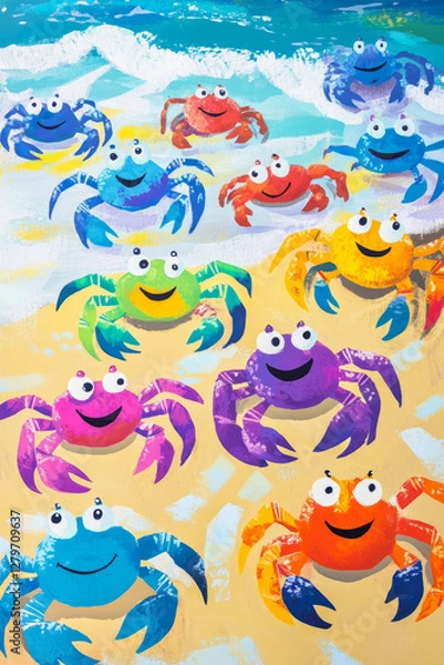 Fototapeta A colorful, fun illustration of a group of friendly crabs walking along a beach, their shells in various bright hues, each crab looking cheerful and quirky.