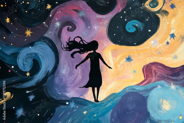 Fototapeta A whimsical illustration of a person silhouette filled with swirling galaxies, representing the vast potential within oneself, highlighting the power of self discovery and personal evolution.