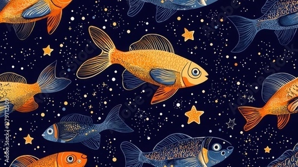 Fototapeta A celestial dreamscape featuring vibrant goldfish and stars. The intricate details and rich colors create a magical underwater scene.