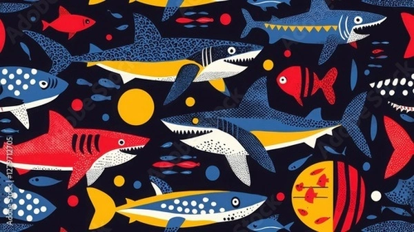 Fototapeta Vibrant illustration of sharks and other sea creatures swimming in a dark blue ocean.  The bold colors and playful style create a fun, energetic scene.
