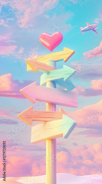 Fototapeta A travel-themed background with colorful arrows on a wooden signpost, an airplane in the sky, and heart-shaped pink arrows pointing to different places. Advertisement for travel agencies.

