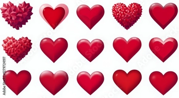 Fototapeta A collection of various heart shapes in red tones, showcasing different textures and designs.