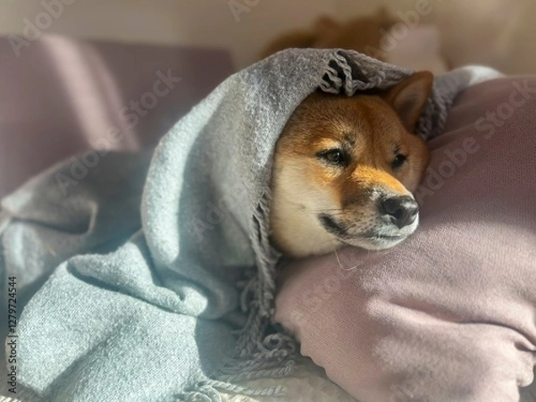 Fototapeta Pensive Shiba Inu with a sorrowful expression, head nestled under a blanket. The mood is reflective and contemplative. High quality close-up photo. copy space available.