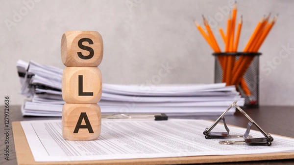 Obraz SLA concept with wooden cubes and office supplies on a desk, symbolizing service level agreement