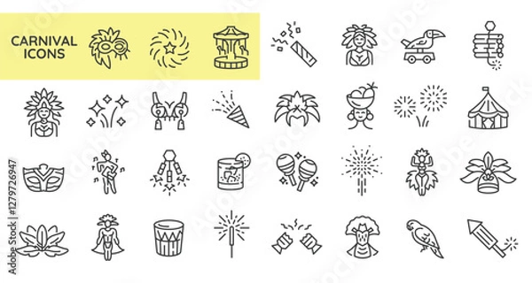Fototapeta Carnival icons. Set of 31 carnival trendy minimal icons. Example: Mask, Dancer, Costume, Parrot, Cocktail icon. Design signs for web page, mobile app, packaging design. Vector illustration