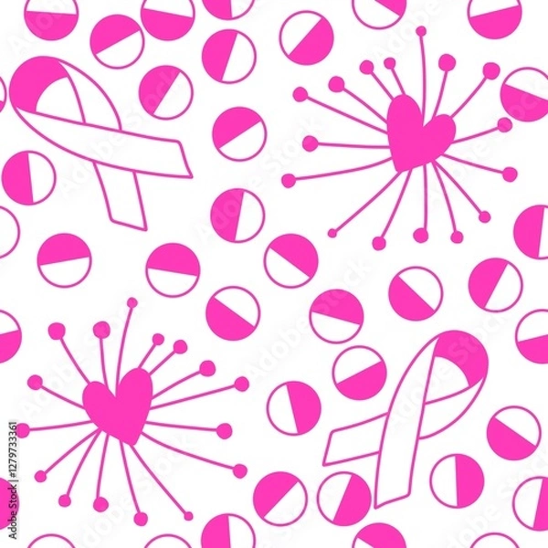 Fototapeta Breast cancer month seamless pink ribbon day mammogram pattern for wrapping paper and medical accessories