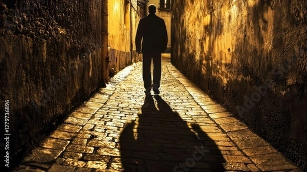 Fototapeta A dramatic shadow of a hunchback figure walking through a dimly lit alleyway