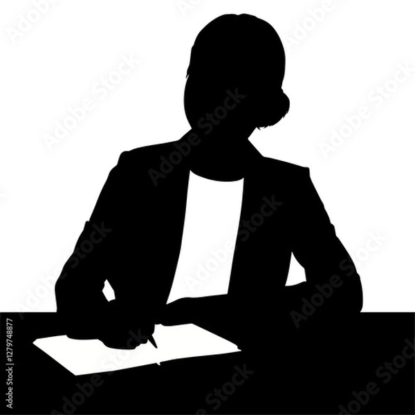 Fototapeta Silhouette of a Woman Writing in a Notebook at a Desk