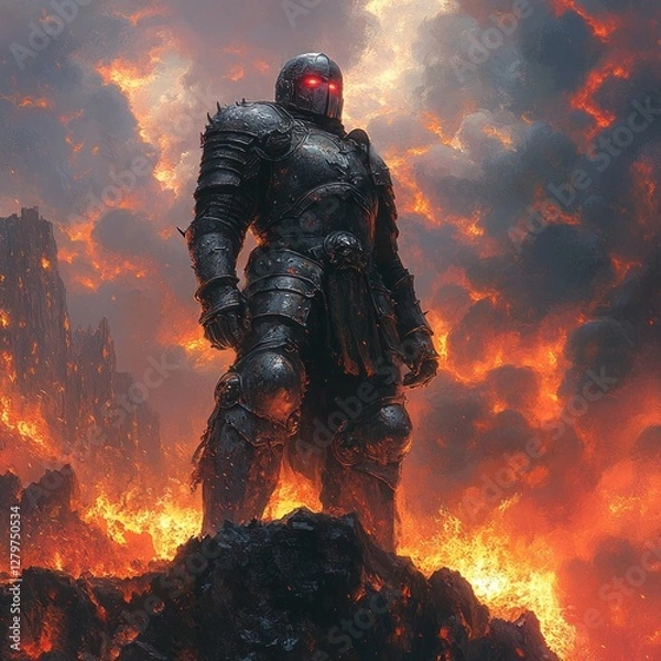 Fototapeta Fiery inferno scene featuring a powerful, dark knight in full plate armor standing on a volcanic rock formation.