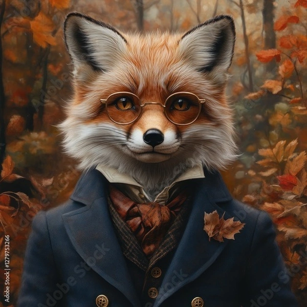 Fototapeta A fox in autumn attire, wearing glasses and a dark jacket.