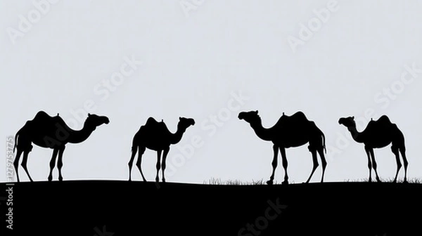 Fototapeta Silhouette of Camels on Horizon Against Soft Gray Background