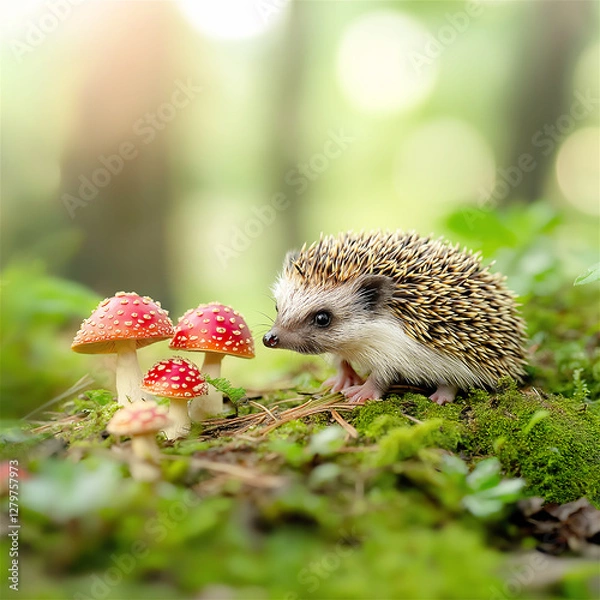 Fototapeta A curious hedgehog explores a forest floor, surrounded by mushrooms and soft moss. The scene evokes a sense of calmness and nature's gentle beauty in a woodland setting.