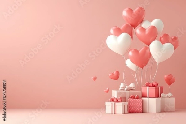 Fototapeta Heart balloons and gifts on a pink background.  Possible use Greeting card, Valentine's Day design