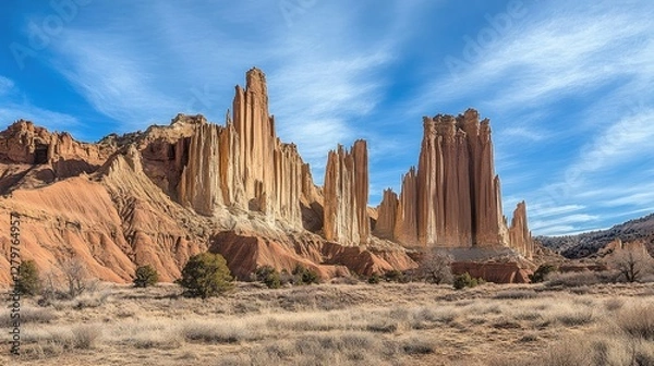 Fototapeta Towering cliffs and jagged rocks along a mountain ridge, dramatic light and open sky.