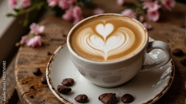 Fototapeta Cozy Coffee Cup with Latte Art and Coffee Beans on Wooden Table