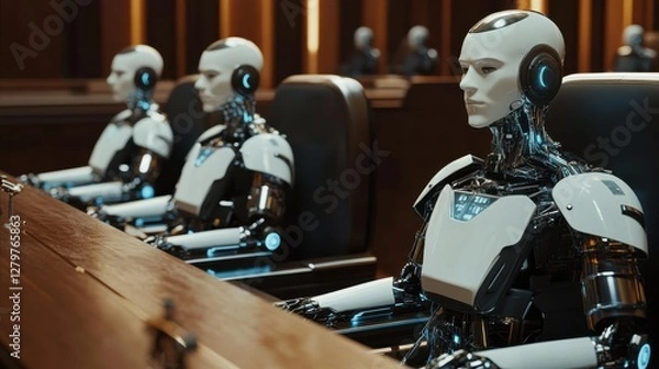 Fototapeta Artificial Intelligence Panel: A panel of advanced humanoid robots sits at a conference table, their blank, emotionless expressions reflecting a cold, calculated efficiency.