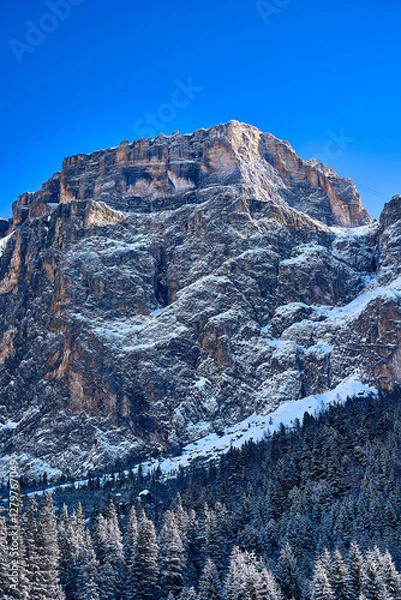 Obraz Beautiful panoramic view to the Sellaronda - the ski circuit around the Sella group in Dolomites, Italy - Badia, Gherdeina, Fascia. Extraordinary snowy peaks of the dolomites, southern Alps.