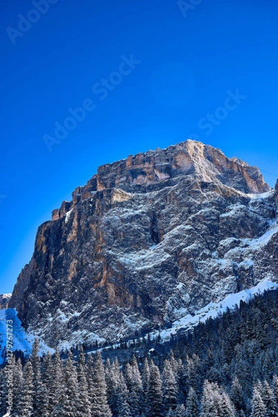 Obraz Beautiful panoramic view to the Sellaronda - the ski circuit around the Sella group in Dolomites, Italy - Badia, Gherdeina, Fascia. Extraordinary snowy peaks of the dolomites, southern Alps.