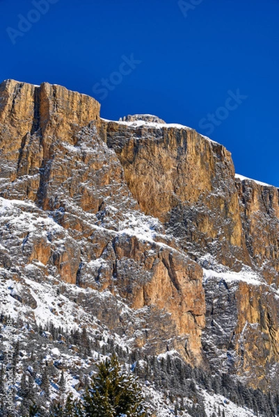 Obraz Beautiful panoramic view to the Sellaronda - the ski circuit around the Sella group in Dolomites, Italy - Badia, Gherdeina, Fascia. Extraordinary snowy peaks of the dolomites, southern Alps.