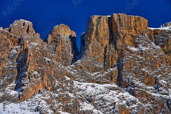 Obraz Beautiful panoramic view to the Sellaronda - the ski circuit around the Sella group in Dolomites, Italy - Badia, Gherdeina, Fascia. Extraordinary snowy peaks of the dolomites, southern Alps.