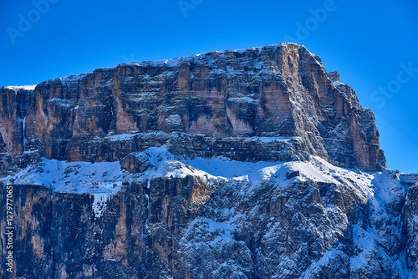 Obraz Beautiful panoramic view to the Sellaronda - the ski circuit around the Sella group in Dolomites, Italy - Badia, Gherdeina, Fascia. Extraordinary snowy peaks of the dolomites, southern Alps.