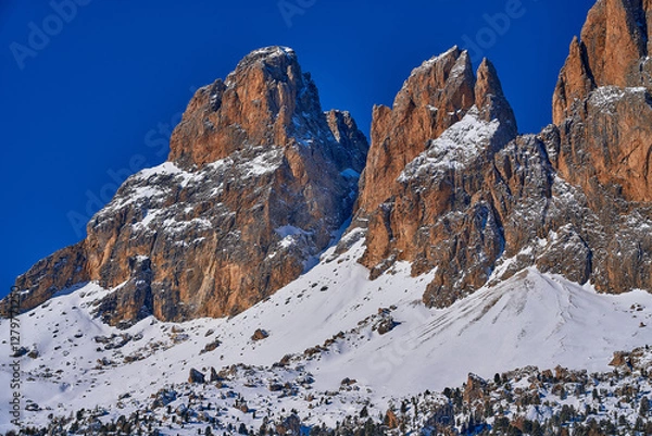 Obraz Beautiful panoramic view to the Sellaronda - the ski circuit around the Sella group in Dolomites, Italy - Badia, Gherdeina, Fascia. Extraordinary snowy peaks of the dolomites, southern Alps.