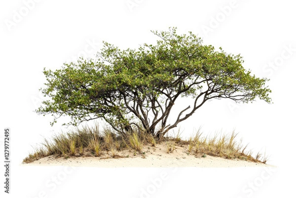 Fototapeta Small isolated tree on sand dune with grass in natural coastal environment