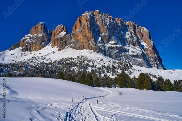 Obraz Beautiful panoramic view to the Sellaronda - the ski circuit around the Sella group in Dolomites, Italy - Badia, Gherdeina, Fascia. Extraordinary snowy peaks of the dolomites, southern Alps.