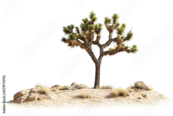 Fototapeta Isolated Joshua Tree on Desert Landscape with Rocks and Dry Grasses