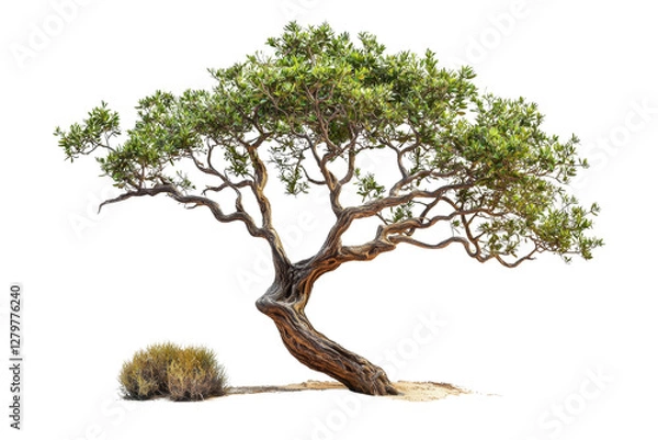 Fototapeta Unique twisted tree with lush green foliage and desert shrub nearby