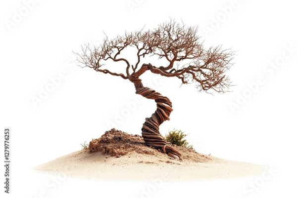 Fototapeta Unique Twisted Tree on Sandy Soil Surrounded by Dried Vegetation