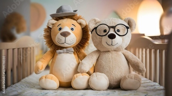 Fototapeta Plush lion with hat and bear with glasses sitting on crib