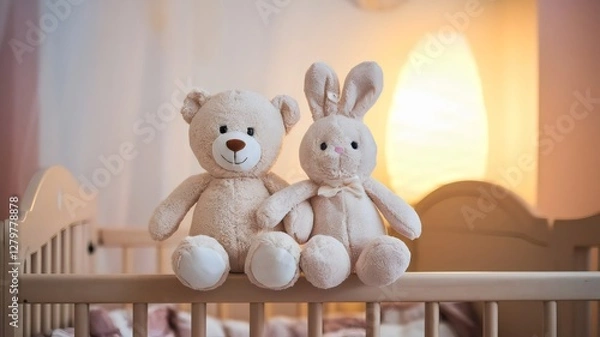 Fototapeta Plush bear and bunny sitting on crib in softly lit nursery