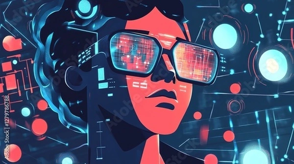 Fototapeta Futuristic Character Wearing Sleek Glasses Analyzing Floating Holographic Data Streams, Surrounded by Glowing Algorithmic Patterns in a Flat Style Illustration on a White Background.