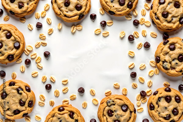 Fototapeta baking fun,classic comfort: Oatmeal Chocolate Chip Cookies on Baking Paper with a Clean White Background.advertisement, banner, card,copy text space,birthday party invite invitation.
