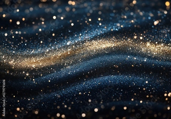 Fototapeta Abstract Glittering Background with Soft Waves and Elegantly Blurred Golden and Blue Particles on a Dark Surface for Magical Atmosphere Creation