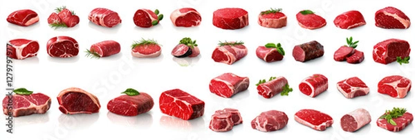 Obraz Fresh red meat isolated on white background unique vector illustration realistic icon set