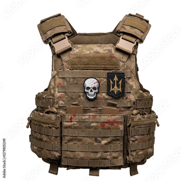 Fototapeta a used military bulletproof vest with patches on a transparent background