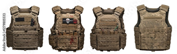 Fototapeta a used military bulletproof vests with patches on a transparent background