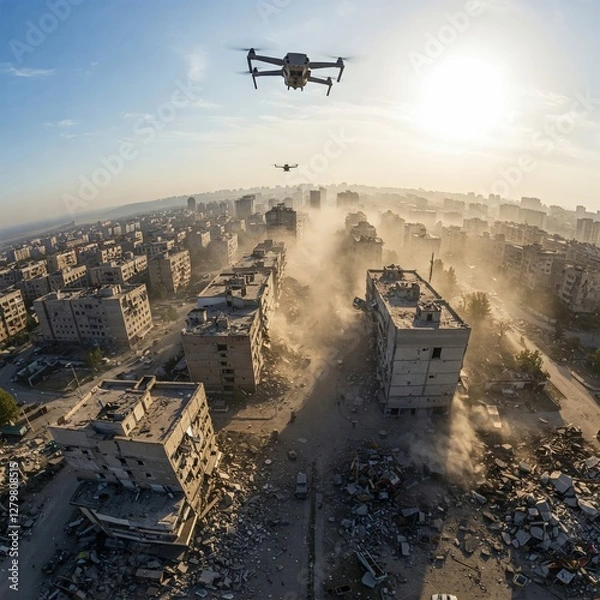 Fototapeta A view of the destroyed city after the fighting from a drone