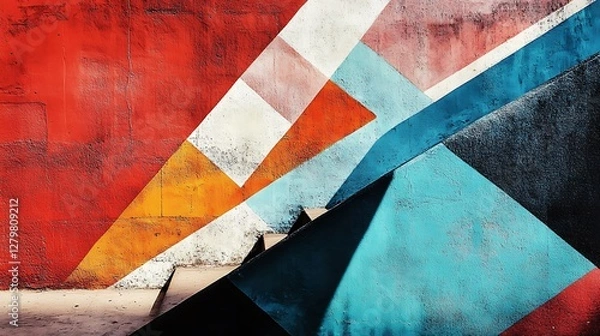 Fototapeta Colorful painted steps on a textured wall. Exterior urban art. Possible use Background, graphic design