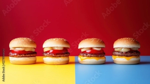 Fototapeta Colorful arrangement of burgers with various toppings on contrasting backgrounds