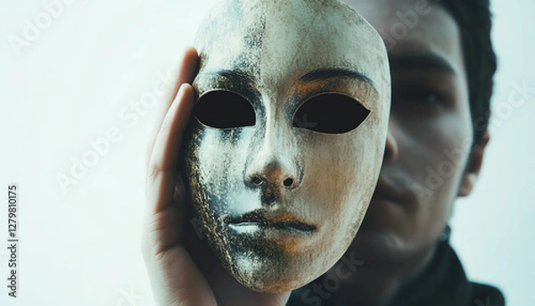 Fototapeta A mysterious figure holds a mask, exploring themes of identity and perception. An evocative visual representation.