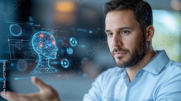 Fototapeta man interacts with digital holographic interface displaying AI technology, showcasing futuristic innovation