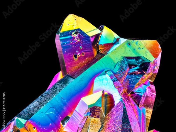 Fototapeta Extreme sharp Titanium rainbow aura quartz crystal cluster stone on black background
