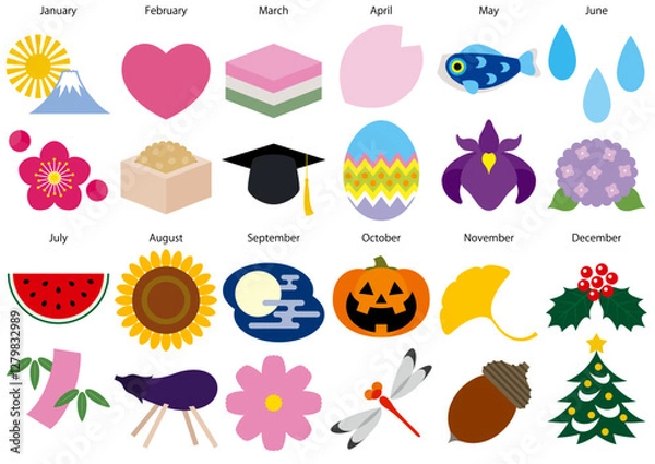 Obraz 月ごとのシンボリックな季節のアイコンイラスト